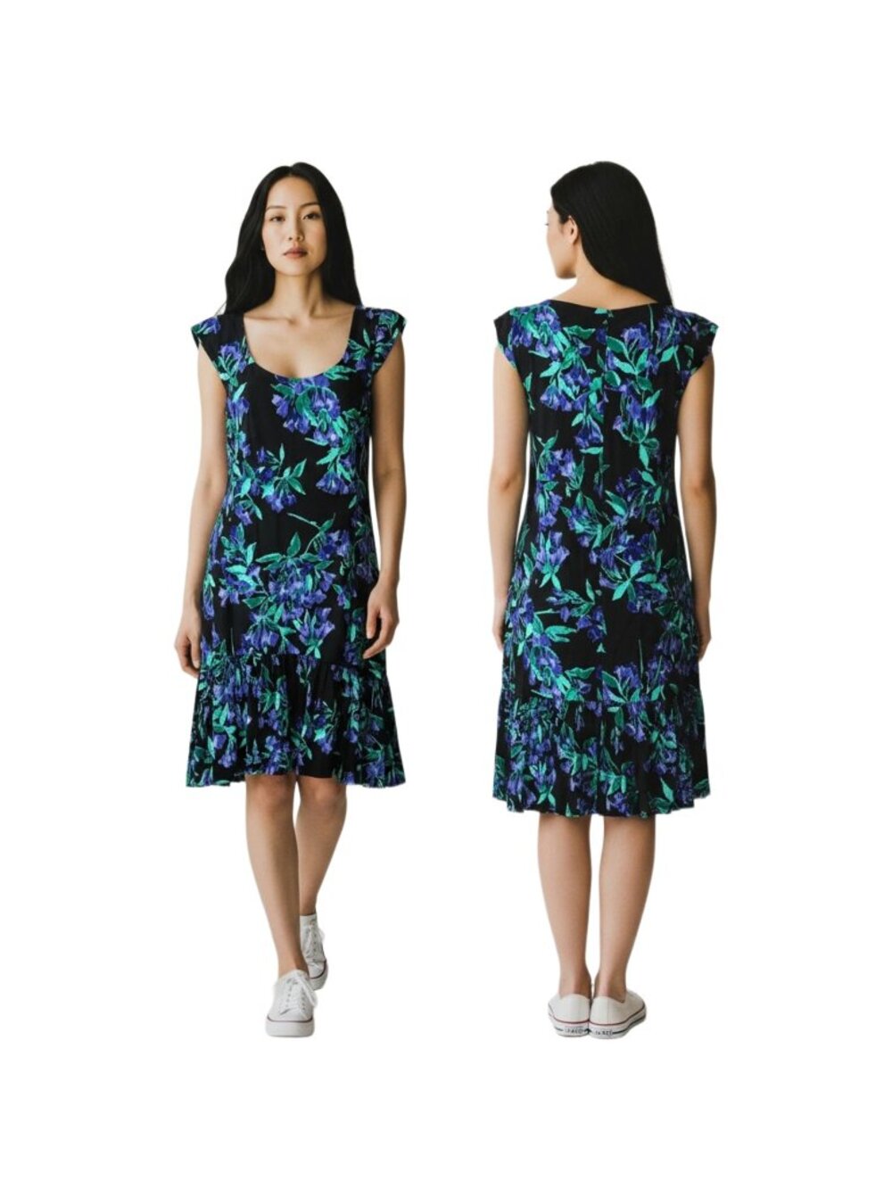 Ann Taylor Dress Womens 6 Black Blue Floral Scoop Neck Ruffle Hem Asymetrical